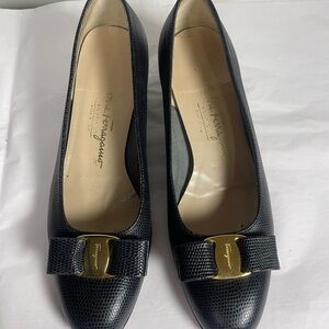 Salvatore Ferragamo Textured Black Heels with Gold Buckle